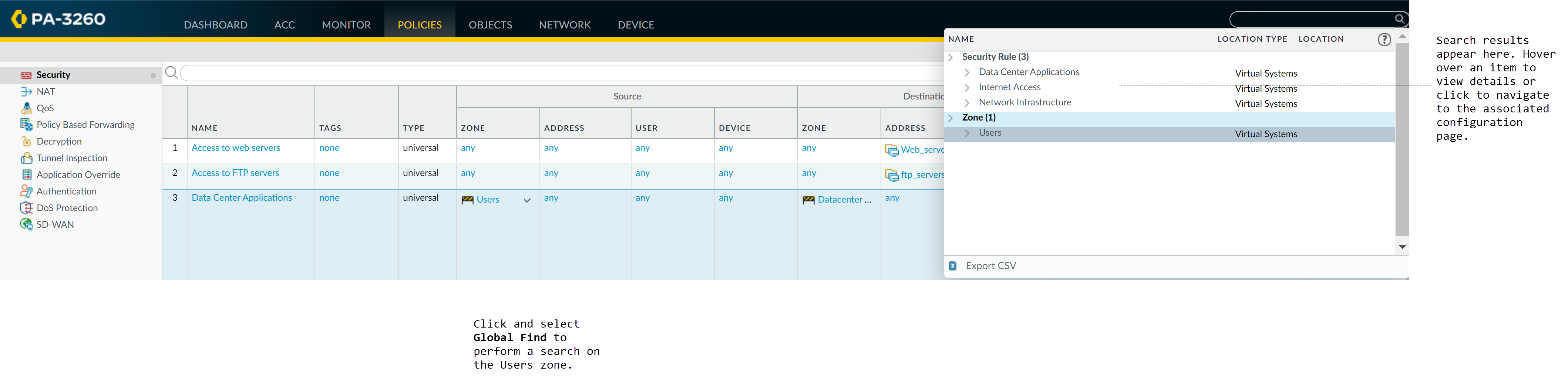 Use Global Find to Search the Firewall or Panorama Management Server
