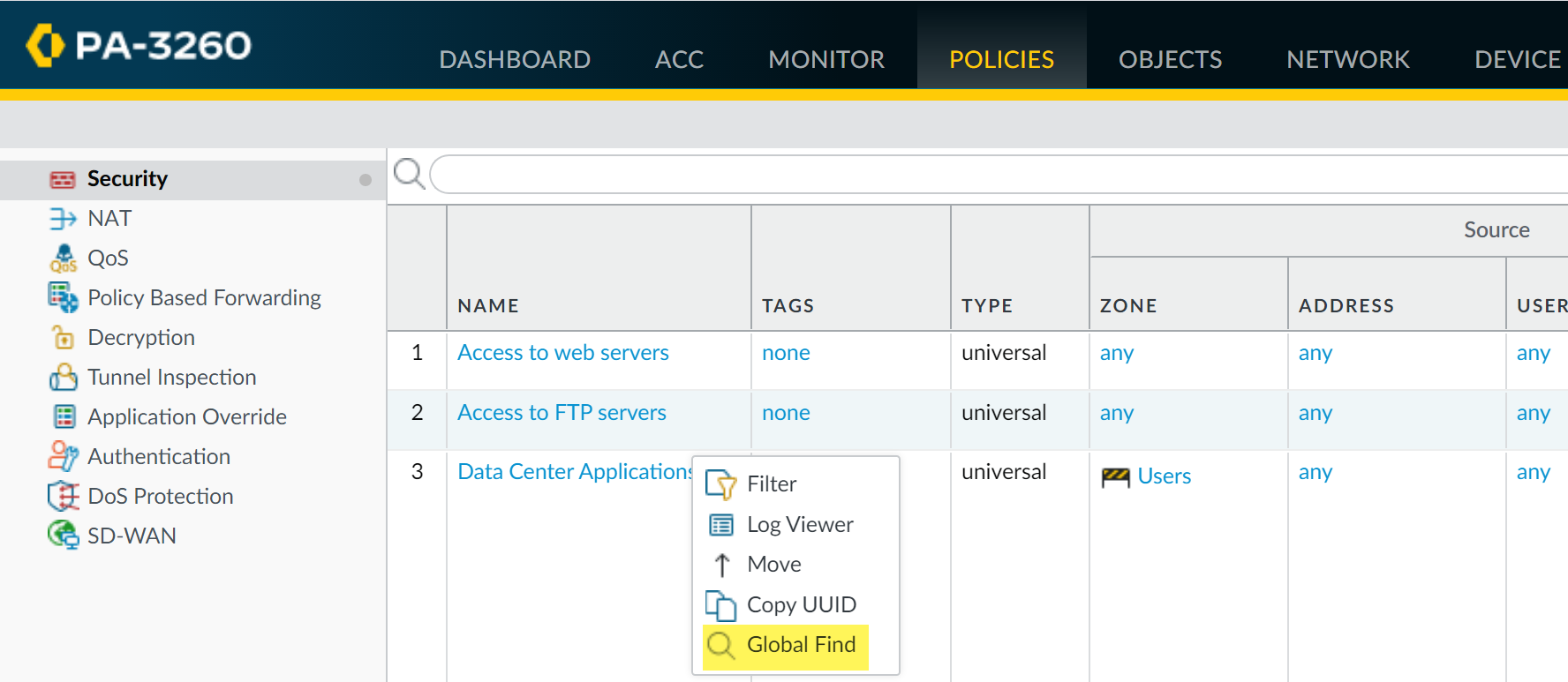Use Global Find to Search the Firewall or Panorama Management Server