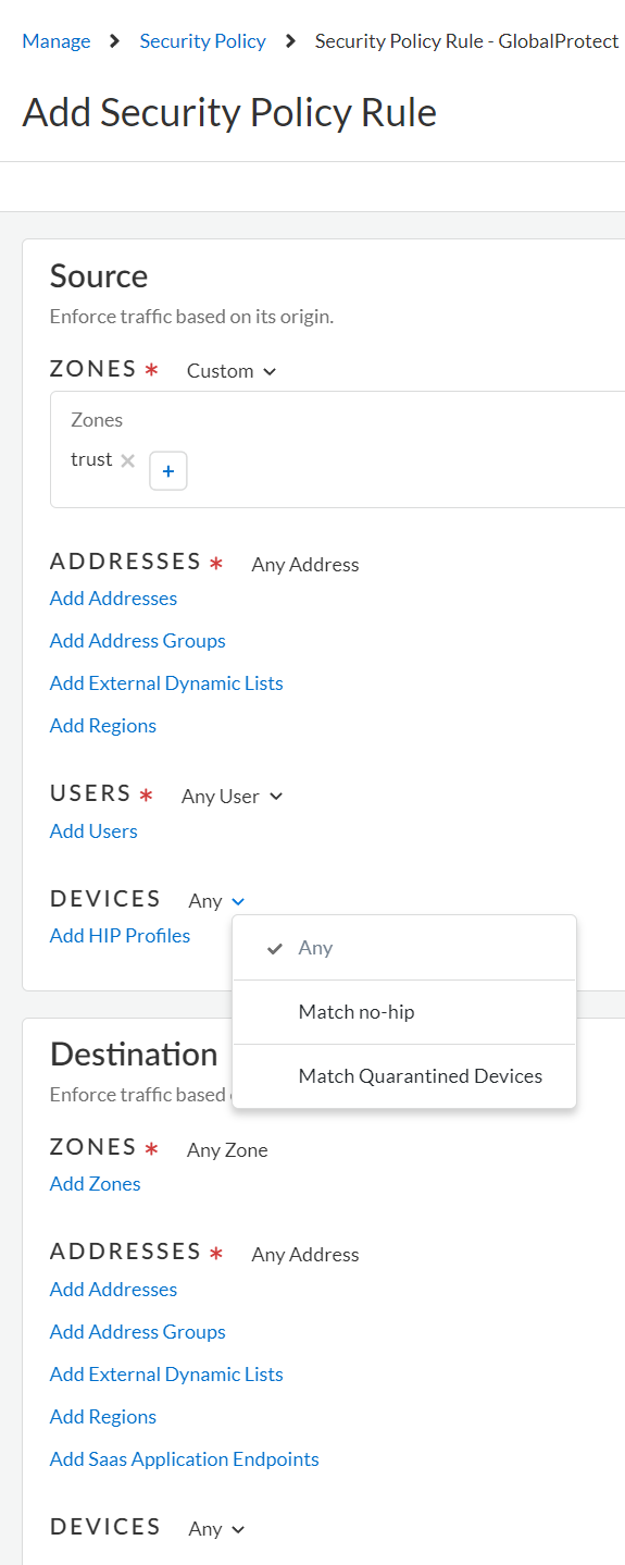 Policy Object Quarantine Device Lists