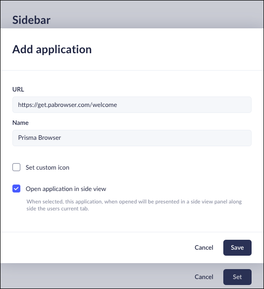   The Add application dialog with the URL, Name, custom icon, and Open application in side view options.  