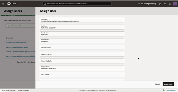   Selecting a user to assign to the SCIM application in OCI.  