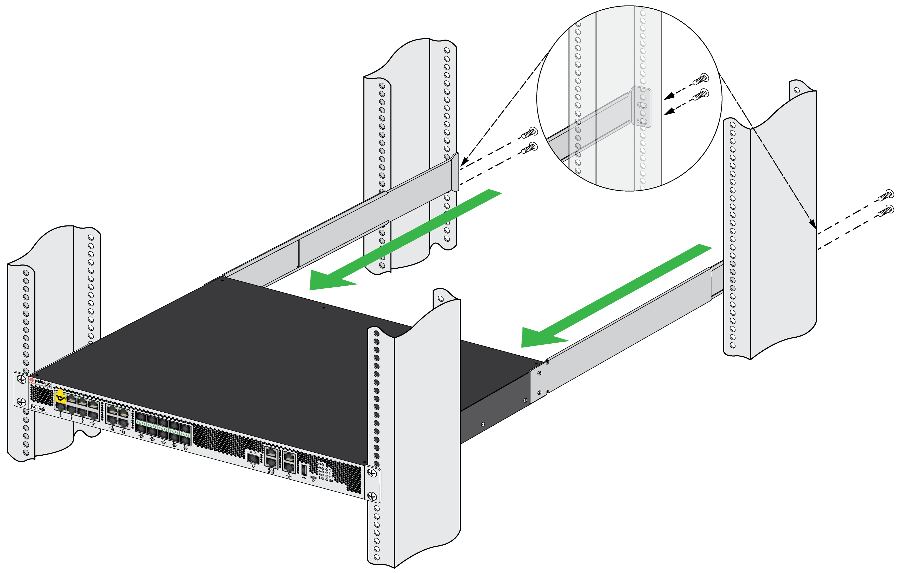 Install the PA1400 Series Firewall Using the FourPost Rack Kit